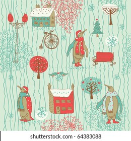 Winter Christmas pattern with penguins