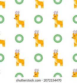 Patrón invernal de ciervo sin costura, coronas de fondo blanco. Plantilla para imprimir en tela, envolver diseño de papel. Antecedentes infantiles para tela, textil, papel pintado, ropa. Vector