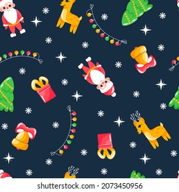 Winter Christmas pattern seamless with Santa Claus, deer, bell, garland. Template for printing onto fabric, wrapping paper design. Children background for fabric, textile, wallpaper, clothing. Vector