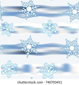 Winter christmas pattern seamless with snow and snowflakes in different  shapes, vector, gray and blue, on a white background