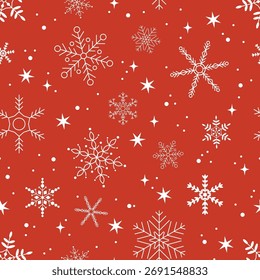 Winterweihnachtsmuster mit weißen Schneeflocken auf rotem Hintergrund. Neujahr, Winterdesign