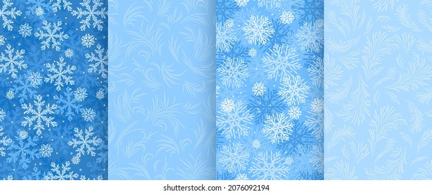 Patrones de invierno navideños. Colección de fondo azul vectorial con decoración de hielo helado y hermosos copos de nieve.