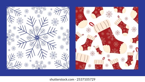 Winter Christmas patterns set with snowflakes and gift stockings.Traditional seamless Christmas elements in holiday magic style. For winter decor, postcards, prints.