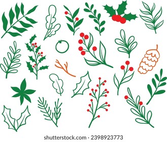 Winter Christmas plants illustrations set. Christmas botanical design elements pack. Festive Xmas decor, plant branches, flora, foliage.