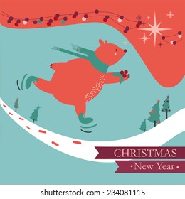 Winter. Christmas. Polar bear on skate . illustration