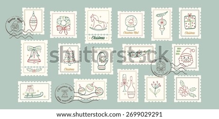 Winter Christmas postage stamps. Postal vintage sticker, icon, label, mail postmark. Hand drawn Christmas tree, gifts, bow,  wreath. Vector illustration. 
