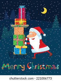 Winter Christmas poster with Santa and gifts