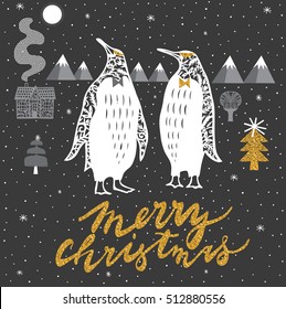 Winter Christmas Print Design with cute Penguins