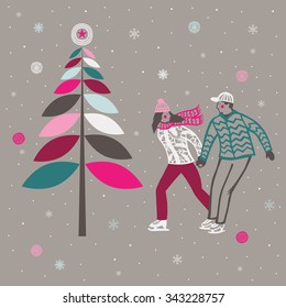 Winter Christmas Print Design with lovely ice skater pair