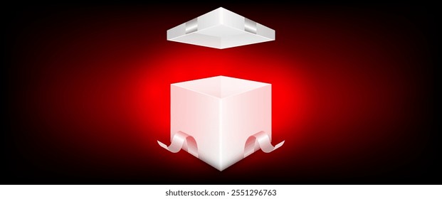 Navidades de invierno de fondo rojo. Vector 3D. Diseño de Navidad de fondo de caja de regalos realista.	
