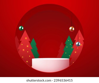 Winter Christmas red background with round podium and Christmas decorations. Vector illustration