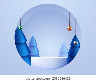 Fondo rojo invernal de Navidad con podio redondo y decoración navideña. Ilustración del vector