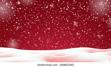 Navidad invernal con fondo rojo, nevadas, copos de nieve y nevadas. Hermosas nevadas brillantes vector Ilustración. Diseño de fondo, banner, afiche, boletín, publicidad, plantilla de venta.