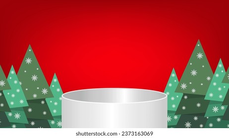 Winter Christmas red background with tree Xmas. 3D vector. Background Xmas design of realistic gifts box. 