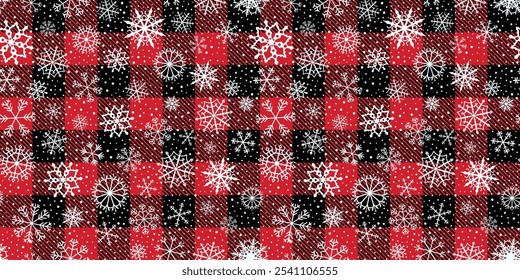 inverno e Natal vermelho e preto búfalo xadrez floco de neve Lumberjack, neve padrão vetor sem emenda, fundo de férias