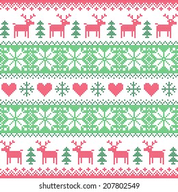 Winter, Christmas red and green seamless pixelated pattern with deer 