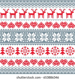 Winter, Christmas red and grey seamless pattern, Nordic background with reindeer and snowflakes 