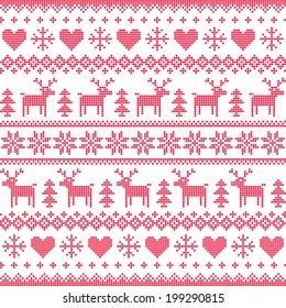 Winter, Christmas red seamless pixelated pattern with deer and hearts
