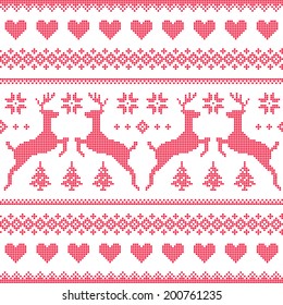 Winter, Christmas red seamless pixelated pattern with deer and hearts