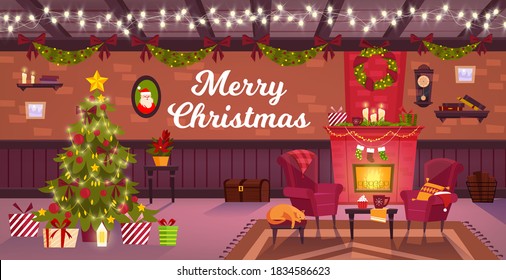 Winter Christmas room interior with fireplace, x-mas tree, armchairs, gift boxes, sleeping cat. Traditional decorated indoor view with chimney, brick wall,garland.Christmas holiday interior background