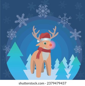 Winter Christmas with Rudolph reindeer and semi-spherical background with pine trees and snowflakes. Christmas square card. Vector illustration.