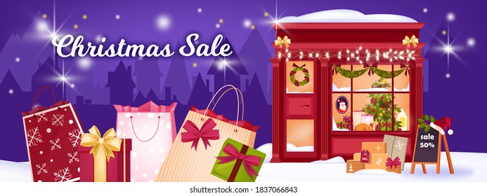 Winter Christmas sale background with decorated shop showcase, presents, boxes, bags. X-mas holiday shopping banner with gifts, pine tree, snow, festive lights. Christmas sale promotional illustration