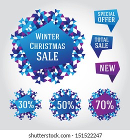 Winter Christmas sale design elements. Abstract triangle snowflakes