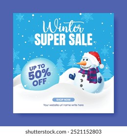 winter and Christmas sale promotion social media post, banner, ads template, new year, xmas festival celebration party square flyer, poster banner, ad. with 3d snowman
background design