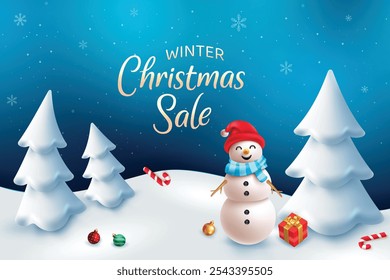 Winter Christmas Sale With Snow Flakes And Snowman. Xmas Festive Holiday Vector Illustration For Discount Sale Offer Promotion, Greetings Card, Website, Advertisement, E-commerce.