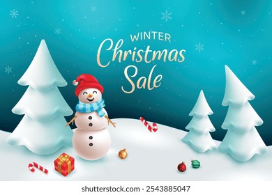 Venda De Natal De inverno Com Flocos De Neve E Boneco De Neve. Xmas Festivo Vetor De Férias Ilustração Para Promoção De Oferta De Venda De Desconto, Cartão De Saudações, Site, Anúncio, E-commerce.