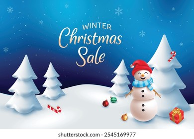 Winter Christmas Sale With Snow Flakes And Snowman. Xmas Festive Holiday Vector Illustration For Discount Sale Offer Promotion, Greetings Card, Website, Advertisement, E-commerce.