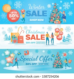 Winter Christmas Sale, Special Offer Banners Set. Woman Decorating New Year Tree. Couple Giving Presents in Boxes. Girl and Boy Drinking Coffee near Big Shopping Bags. Promotion for Cold Season.