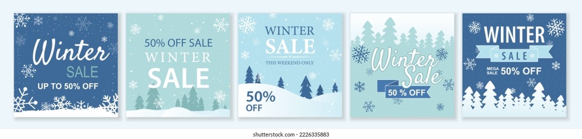 Winter and Christmas Sale square template set for ads posts in social media. Bundle of blue layouts with snowflakes and trees. Suitable for mobile apps, banner design and web ads. Vector illustration.