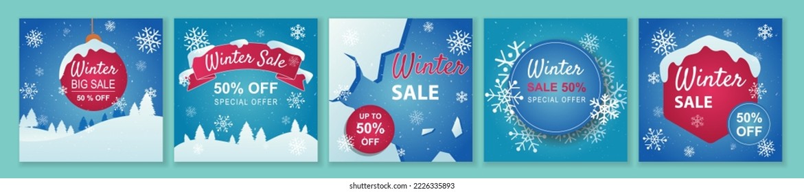 Winter and Christmas Sale square template set for ads posts in social media. Layouts bundle with snowflakes and snowy trees. Suitable for mobile apps, banner design and web ads. Vector illustration.