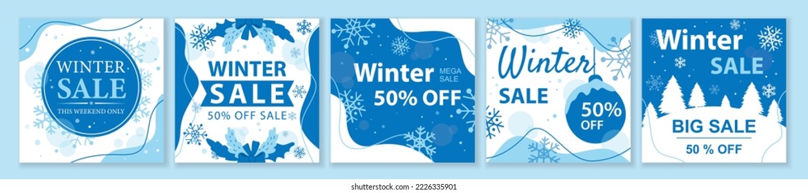 Winter and Christmas Sale square template set for ads posts in social media. Layouts with snowflakes, holly and snowy trees. Suitable for mobile apps, banner design and web ads. Vector illustration.