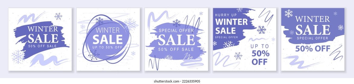 Winter and Christmas Sale square template set for ads posts in social media. Promo layouts with snowflakes and abstract spots. Suitable for mobile apps, banner design and web ads. Vector illustration.