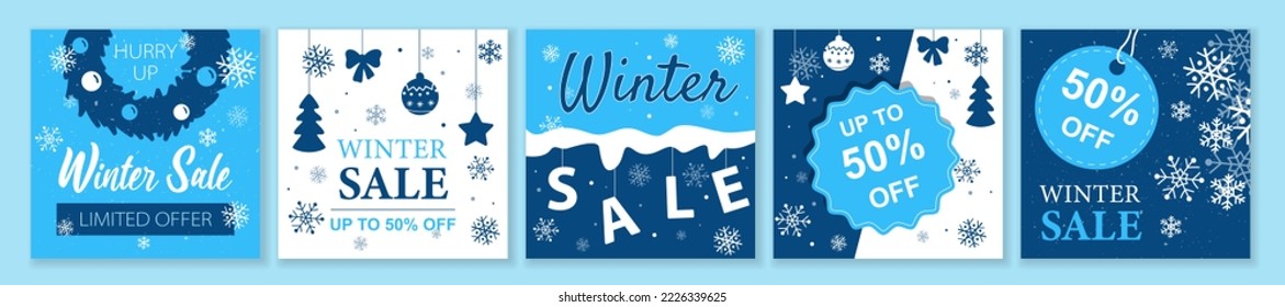 Winter and Christmas Sale square template set for ads posts in social media. Layouts bundle with snowflakes and decor toys. Suitable for mobile apps, banner design and web ads. Vector illustration.