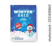 Winter and Christmas sale vertical print flyer or poster template with 3d snowman and snowflakes background, winter and Christmas festival celebration party leaflet brochure cover design