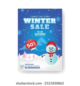 Winter and Christmas sale vertical print flyer or poster template with 3d snowman and snowflakes background, winter and Christmas festival celebration party leaflet brochure cover design