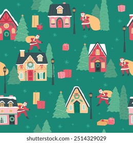 Winter Christmas Santa Claus village seamless pattern