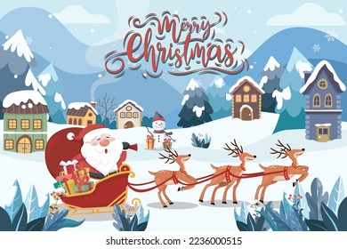 winter Christmas Santa sleigh carriage reindeer scene landscape funny vector carton