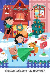 Winter Christmas Scene In Cartoon Style. Vector Illustration For Books, Puzzles. Cute Forest Animals Decorate House, Christmas Tree, Send Letter To Santa Claus.