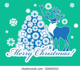 A winter Christmas scene featuring a deer  in the snow  with Christmas tree