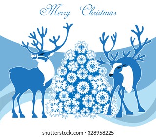 A winter Christmas scene featuring  two deers in the snow  with Christmas tree