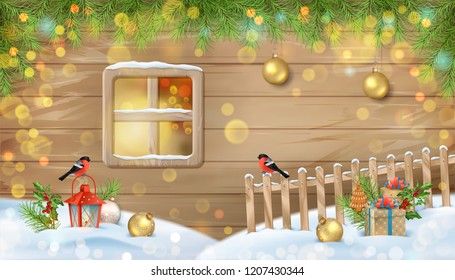 Winter Christmas scene. Old window of a wooden house wall, fir-tree branches, birds, fence and snow gifts