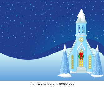 Winter Christmas scene  with snowbound church background