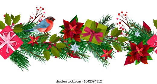 Winter Christmas seamless border with bullfinch, gift boxes, fir branches, holly, berries. X-mas holiday floral frame with bird, presents, flowers, stars isolated on white. Christmas evergreen border