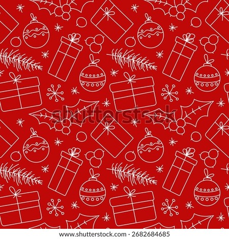 Winter Christmas seamless doodle pattern with Christmas tree toys, snowflakes, gifts, vector. Festive background template for design, decoration, fabric, wrapping paper. Christmas elements in a line 