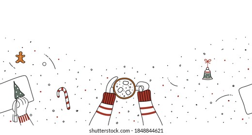 Winter Christmas seamless horizontal romantic border.Female hands holding cup of coffee,latte or cocoa,bell,candy cane,gingerbread man,hand draws fir-tree.Cute noel hand drawn vector in doodle style