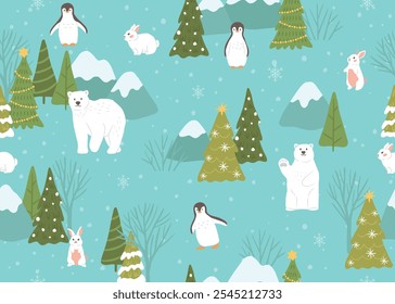 Winter Christmas seamless pattern of arctic animals penguin and polar bear landscape vector illustration